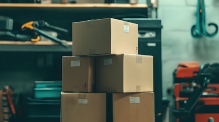 Wall Mural - Neatly stacked and labeled moving boxes arranged in an organized garage setting with various packing equipment and tools scattered in the background ready for a smooth relocation process