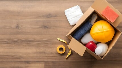 Poster - Organized box filled with various household items and supplies positioned on a wooden floor with moving tape nearby indicating a packing or moving scene