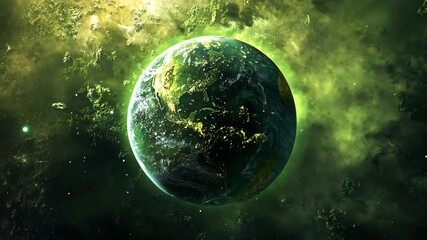 Wall Mural - A green, cloudy nebula surrounds Earth, viewed from space