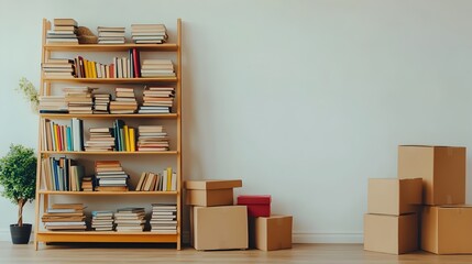 Aufkleber - Partially Filled Bookshelf with Empty Shelves Books Stacked on the Floor and Cardboard Boxes Nearby Waiting to Be Unpacked and Organized