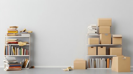 Poster - Partially Occupied Bookshelf with Stacked Books and Nearby Packing Boxes Signifying Ongoing Organizational or Moving Process in Residential or Office Space