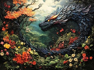 Sticker - Dragon in a Floral Garden: A Fantasy Painting