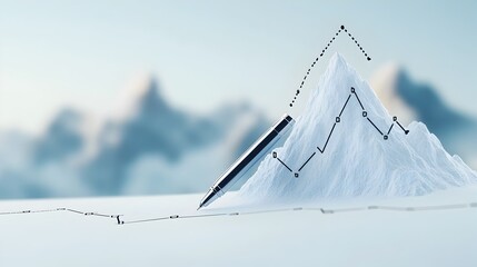 Poster - Pen drawing a rising line on a graph that transforms into a majestic mountain peak symbolizing the achievement of business success and the summit of professional
