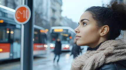 Aufkleber - Poised Presence A striking side profile of a woman exuding refined poise and serene composure set against the backdrop of a bustling urban bus stop scene with moving vehicles and passengers