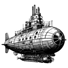 steam-punk vintage submarine, detailed mechanical features, portholes, and antennas in a retro style