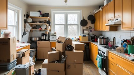 Aufkleber - Pots pans and other household items spill out of cardboard moving boxes stacked in the middle of an empty kitchen ready to be organized and put away as part of a home relocation or remodel