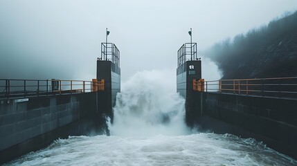 Poster - Powerful water flow rushing through the opened gates of a dam symbolizing the controlled energy and harnessing of water s natural power and force