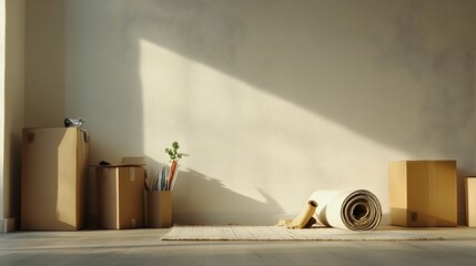 Poster - Rolled up rug leaning against a bare wall with cardboard boxes and packing supplies scattered around an empty minimalist room suggesting a move or renovation in progress