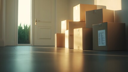 Aufkleber - Rows of packed and labeled moving boxes lined up near the front door with warm sunlight casting long shadows across the floor  Concept of home relocation household storage and organization