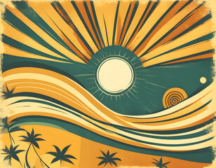 Vector groovy sunshine wavy rays in vintage grunge design background