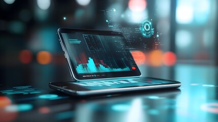 Leinwandbilder - Smartphone screen displaying futuristic holographic charts graphs and digital business analytics tools