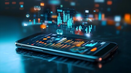 Fototapete - Smartphone screen showcasing holographic data visualizations and business intelligence tools representing the future of digital technology and innovation in the workplace
