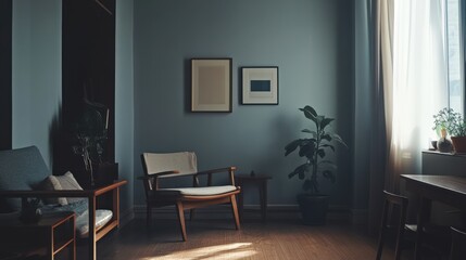Poster - The calming space features a wooden chair and potted plants, bathed in soft sunlight from large windows, creating an inviting atmosphere for relaxation and contemplation