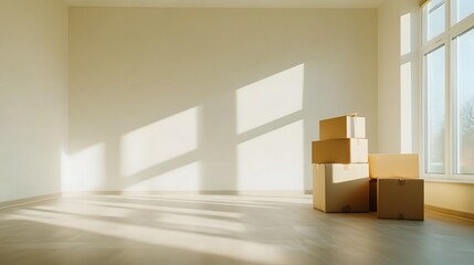 Aufkleber - Spacious and tranquil empty living room with nothing but a few boxes in the corner sunlight casting long shadows across the floor and walls through the large windows creating a minimalist modern