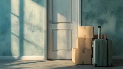 Poster - Suitcase and stacked moving boxes placed by an open front door with bright natural light streaming in and casting dynamic shadows on the floor suggesting a transition or relocation process