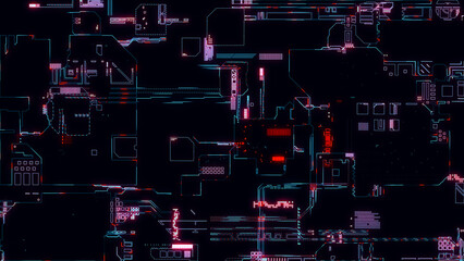 Poster - Printed circuit board. Visualization of printed circuit board processor chip, digitalization of neural networks and cloud computing. Digital pulses transmit data. Electronic circuit board operation 