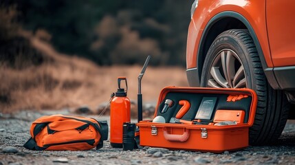 Poster - Toolbox with Tire Iron Air Pump and Patch Kit Next to Car with Flat Tire Prepared for Roadside Auto Maintenance and Repair