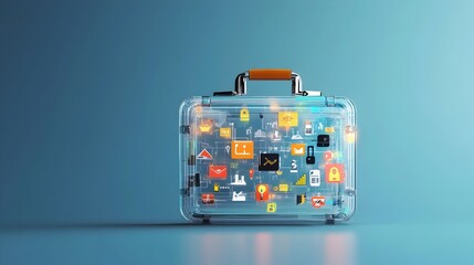 Poster - Transparent Glass Businessman s Briefcase Filled with Colorful Icons of Various Business Tools and Technology Symbolizing Transparency in Corporate and Digital Transformation