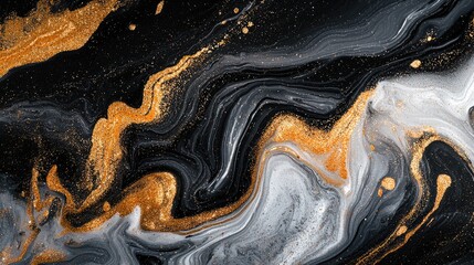 Abstract fluid art in black, white, and orange with swirling patterns of glittering gold and a rose marble effect.