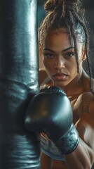 Poster - A woman is boxing with a black glove on her left hand