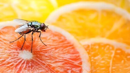 Poster - Vibrant Fruit Slices in Bright Daylight with a Fly Resting on the Plate Creating a Captivating Still Life with Striking Color Contrast and Texture