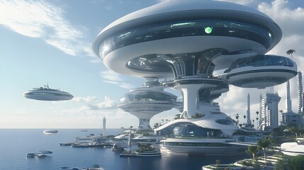 Poster - Visionary depiction of a futuristic metropolitan area that utilizes water as the primary energy source featuring hydro powered buildings infrastructure and systems that enable a sustainable