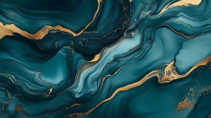 Poster - Abstract fluid art with teal and gold colors blending beautifully in a modern artistic design