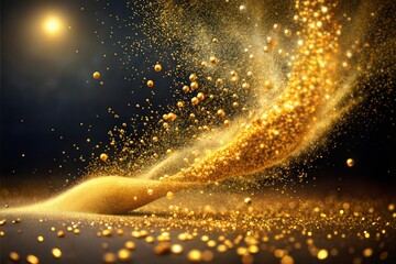 Wall Mural - vortex of golden dust explodes against dark background close-up