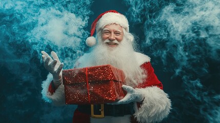 Wall Mural - act as photographer shooting in studio with set up lighting. Portrait of the old man, long white hair, smile face, wear santacros suit. Him two hand hold 