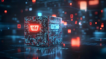 Aufkleber - Visually captivating abstract design featuring a product box made of binary code adorned with digital sale tags and glowing percentages
