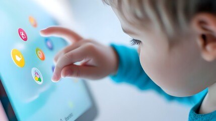 Poster - Young child s hand reaches out to engage with educational touchscreen application designed to support learning and development for children with autism spectrum disorder