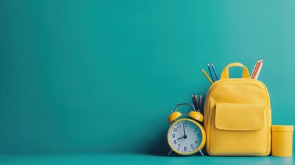 Canvas Print - Backpack, Alarm Clock, and Pencils on a Turquoise Background