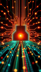 Poster - abstract glowing circuitry glowing orange and blue lights leading to central processing orb advance technolgy background vertical format