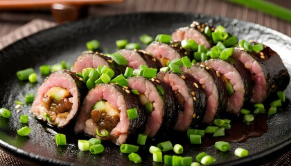 Wall Mural - Sophisticated Beef Negimaki with Scallions on a Chic Black Plate Showcasing Classic Japanese Cuisine in an Elegant Atmosphere