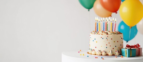 Sticker - Birthday Cake with Colorful Candles and Balloons