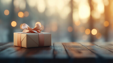 Sticker - A single gift box sits on a rustic wooden table with a soft, warm, blurry background.