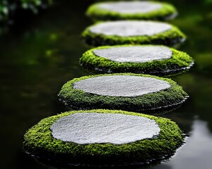 Wall Mural - Moss-covered stepping stones in a tranquil Japanese garden, moss and stone, peaceful garden design concept