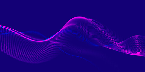 Sticker - Futuristic dot wave. Abstract digital particle wave. Technology background. Colored musical wave. Dark background. Digital background with smooth, wavy curves. 3D rendering