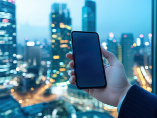 Hand holding smartphone against city skyline