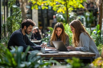 Poster - Young business people outdoors working, brainstorming. Technology concept, Generative AI