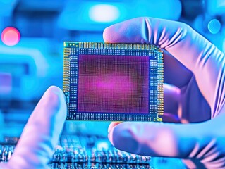 Aufkleber - Hand holding a microchip with colorful background