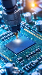 Poster - Microchip assembly process, blue circuit board.