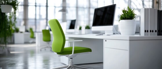 Modern office setup featuring a green chair, desk, computer, and vibrant indoor plants, creating a fresh and inviting workspace.