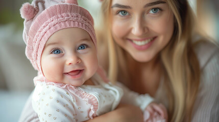 A happy mother holds her smiling baby in a pink hat, showcasing a moment of joy and togetherness.