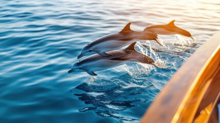 Wall Mural - Dolphins Jumping Near Boat in Ocean Waters