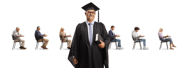 Canvas Print - University dean in front of people sitting in school chairs