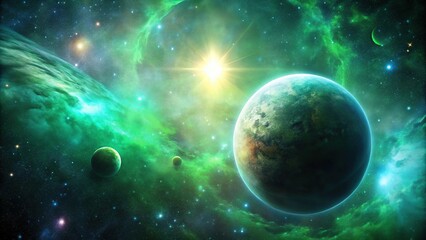 Wall Mural - A planet and spherical objects covered in a nebula with green light aerial view
