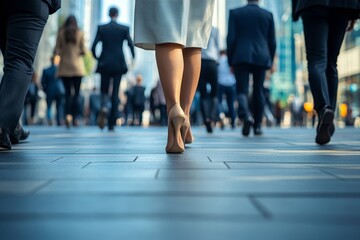 Canvas Print - Crowd business people walking go to work in modern city life to working office. Crowd worker group of people busy life with businesswoman,  man in urban street city lifestyle. Business, Generative AI