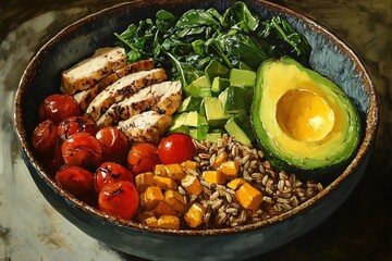 A nutritious bowl featuring grilled chicken, avocado, spinach, cherry tomato, and grains, perfect for healthy meal inspiration.