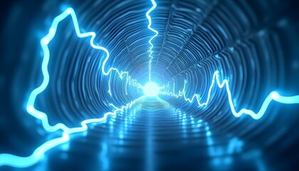 A vibrant blue electric current illuminates a metallic tunnel, creating a dynamic atmosphere